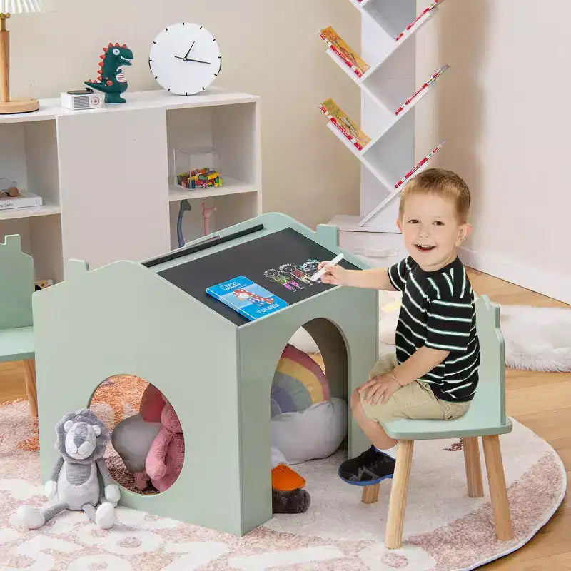 Ensemble Table et 2 Chaises Enfants Costway 3 Pièces avec Tableau pour Dessin Lecture Vert/Gris/Blanc