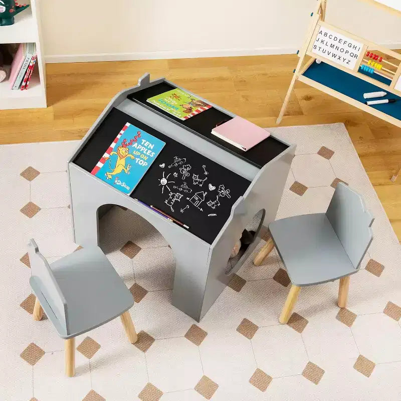 Ensemble Table et 2 Chaises Enfants Costway 3 Pièces avec Tableau pour Dessin Lecture Vert/Gris/Blanc