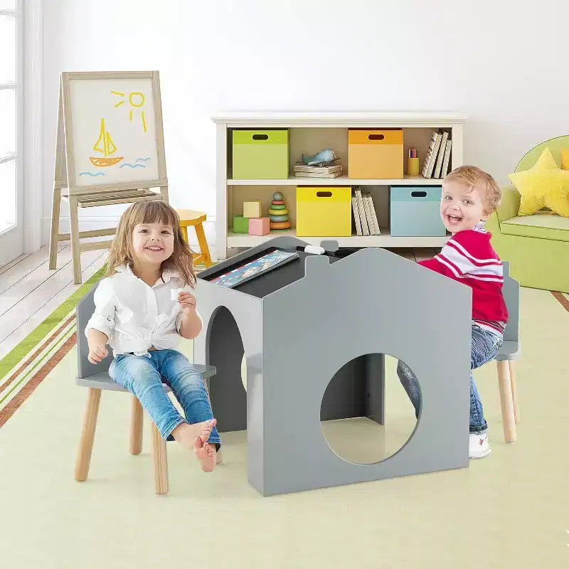 Ensemble Table et 2 Chaises Enfants Costway 3 Pièces avec Tableau pour Dessin Lecture Vert/Gris/Blanc