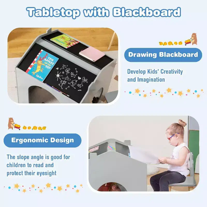 Ensemble Table et 2 Chaises Enfants Costway 3 Pièces avec Tableau pour Dessin Lecture Vert/Gris/Blanc