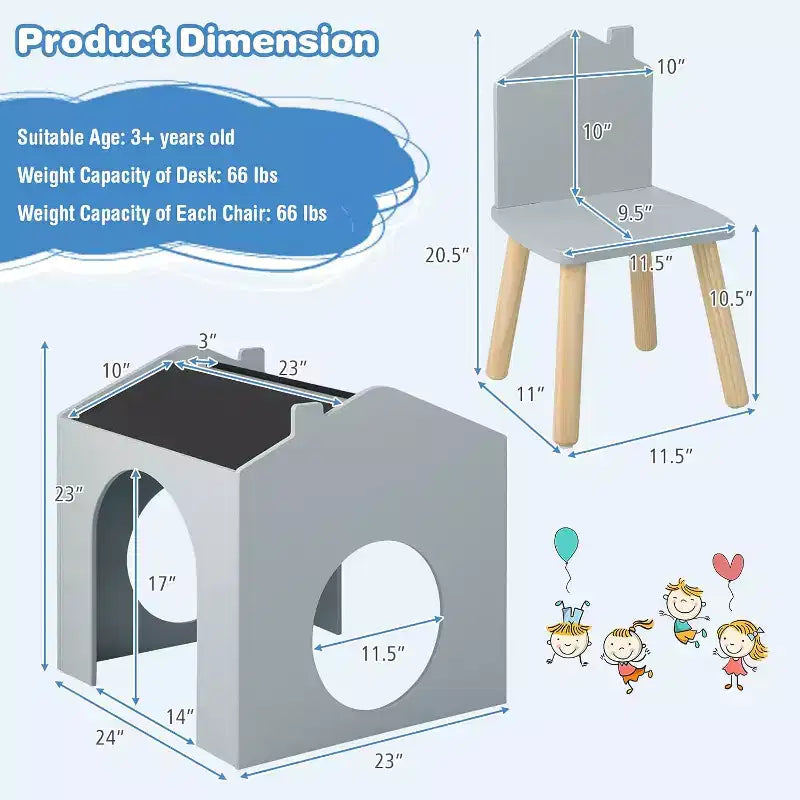Ensemble Table et 2 Chaises Enfants Costway 3 Pièces avec Tableau pour Dessin Lecture Vert/Gris/Blanc