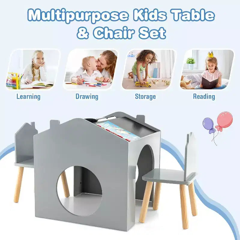 Ensemble Table et 2 Chaises Enfants Costway 3 Pièces avec Tableau pour Dessin Lecture Vert/Gris/Blanc