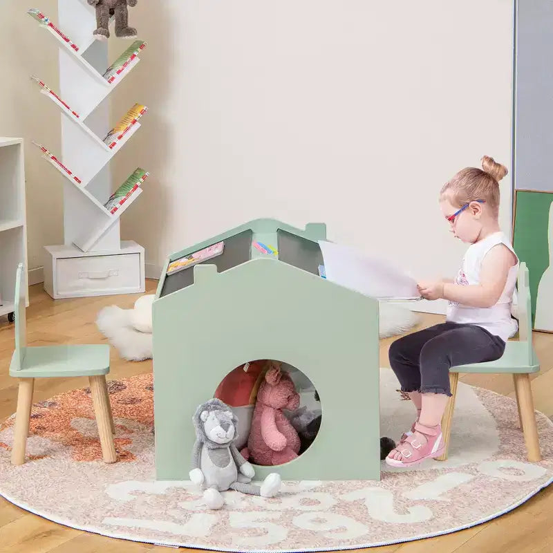 Ensemble Table et 2 Chaises Enfants Costway 3 Pièces avec Tableau pour Dessin Lecture Vert/Gris/Blanc