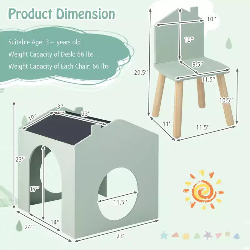 Ensemble Table et 2 Chaises Enfants Costway 3 Pièces avec Tableau pour Dessin Lecture Vert/Gris/Blanc