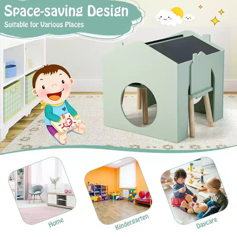 Ensemble Table et 2 Chaises Enfants Costway 3 Pièces avec Tableau pour Dessin Lecture Vert/Gris/Blanc