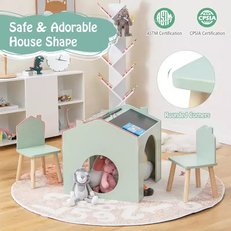 Ensemble Table et 2 Chaises Enfants Costway 3 Pièces avec Tableau pour Dessin Lecture Vert/Gris/Blanc