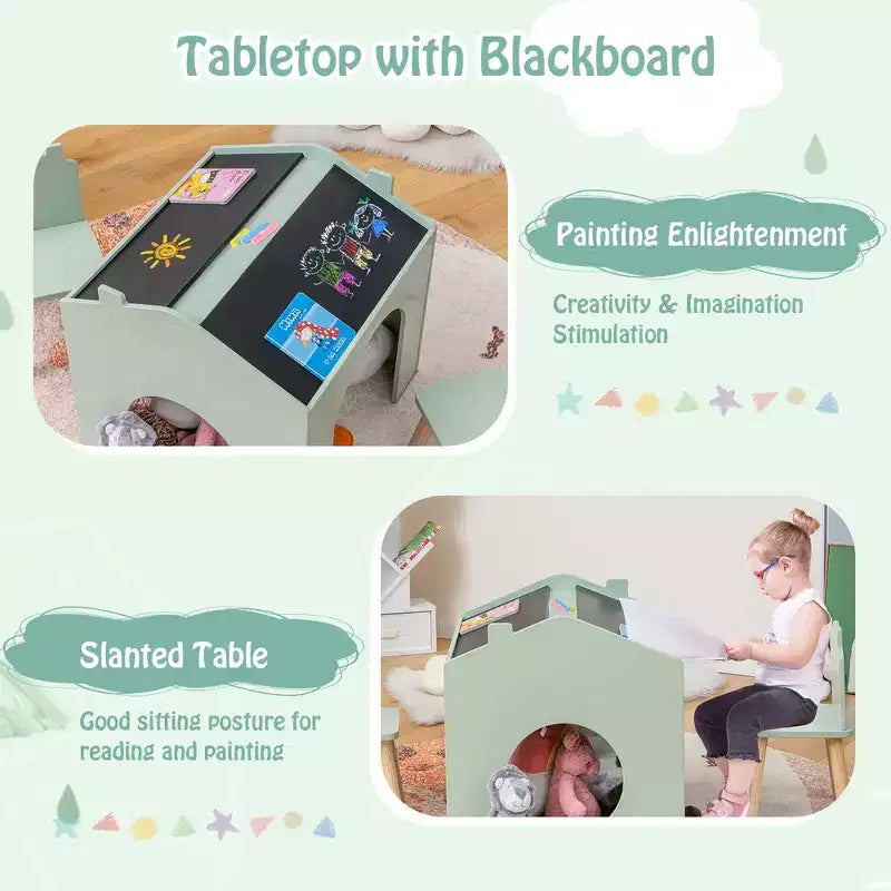 Ensemble Table et 2 Chaises Enfants Costway 3 Pièces avec Tableau pour Dessin Lecture Vert/Gris/Blanc
