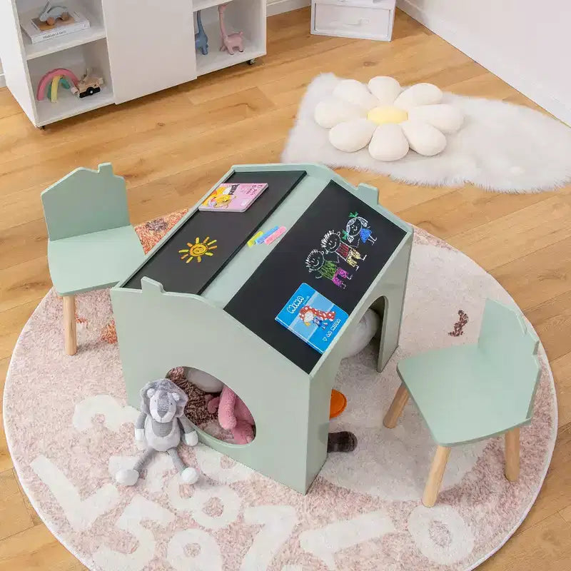 Ensemble Table et 2 Chaises Enfants Costway 3 Pièces avec Tableau pour Dessin Lecture Vert/Gris/Blanc