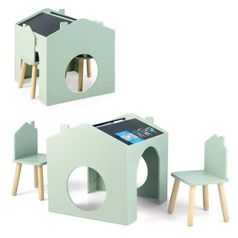Costway 3 Piece Kids Wooden Table and Chair Set with Blackboard for Drawing Reading Green/Gray/White