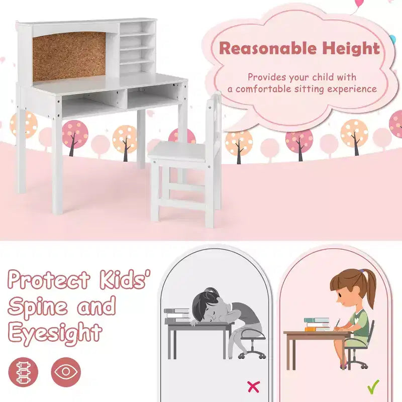 Bureau et Chaise pour Enfants Costway avec Étagère et Tableau d'Affichage