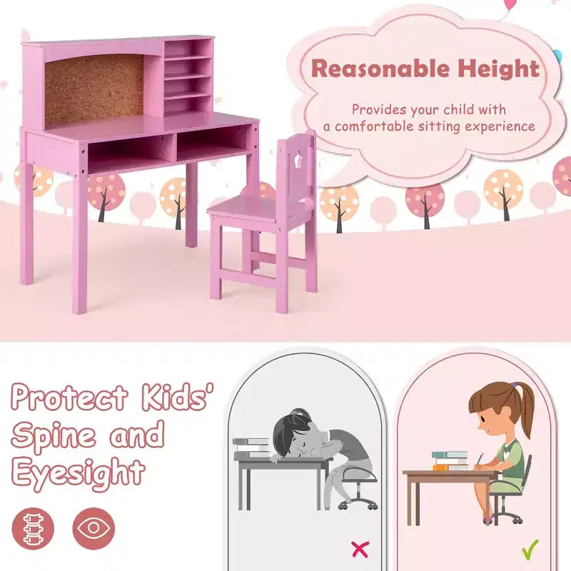 Bureau et Chaise pour Enfants Costway avec Étagère et Tableau d'Affichage