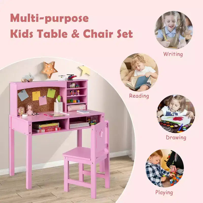 Bureau et Chaise pour Enfants Costway avec Étagère et Tableau d'Affichage