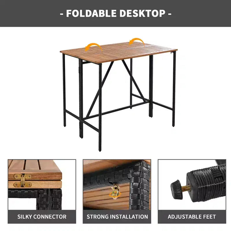 Ensemble de bar 5 pièces en osier pour terrasse extérieure avec plateau pliant en bois d'acacia, 4 tabourets et 1 table, marron - ModernLuxe