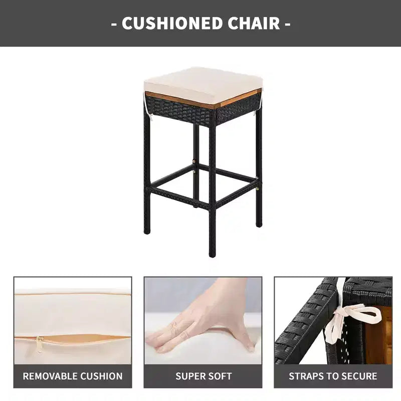 Ensemble de bar 5 pièces en osier pour terrasse extérieure avec plateau pliant en bois d'acacia, 4 tabourets et 1 table, marron - ModernLuxe