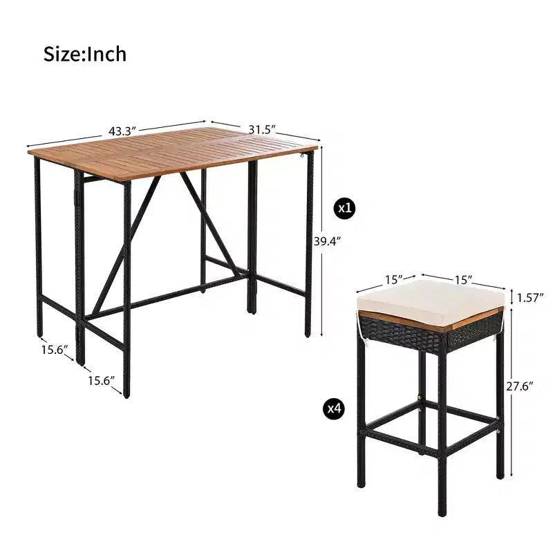 Ensemble de bar 5 pièces en osier pour terrasse extérieure avec plateau pliant en bois d'acacia, 4 tabourets et 1 table, marron - ModernLuxe