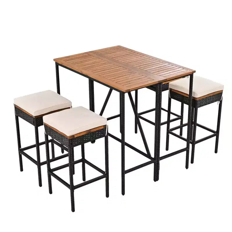 Ensemble de bar 5 pièces en osier pour terrasse extérieure avec plateau pliant en bois d'acacia, 4 tabourets et 1 table, marron - ModernLuxe