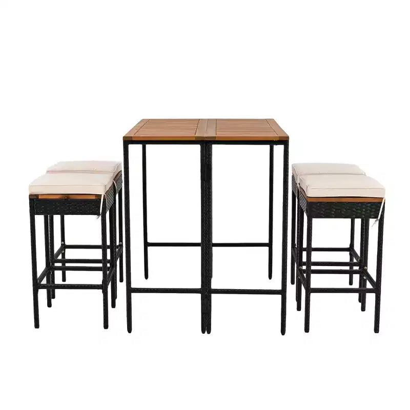 Ensemble de bar 5 pièces en osier pour terrasse extérieure avec plateau pliant en bois d'acacia, 4 tabourets et 1 table, marron - ModernLuxe