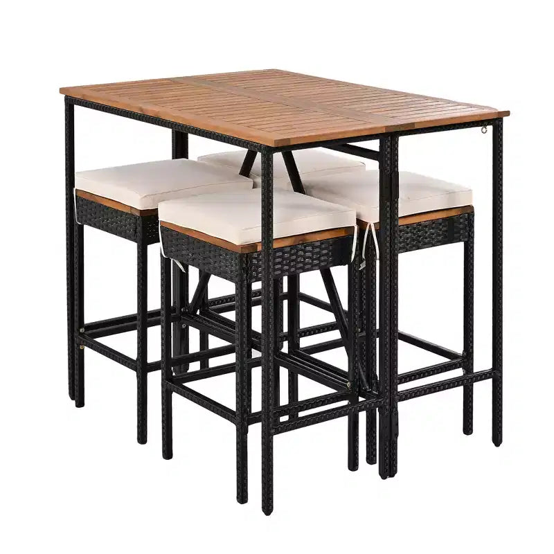 Ensemble de bar 5 pièces en osier pour terrasse extérieure avec plateau pliant en bois d'acacia, 4 tabourets et 1 table, marron - ModernLuxe