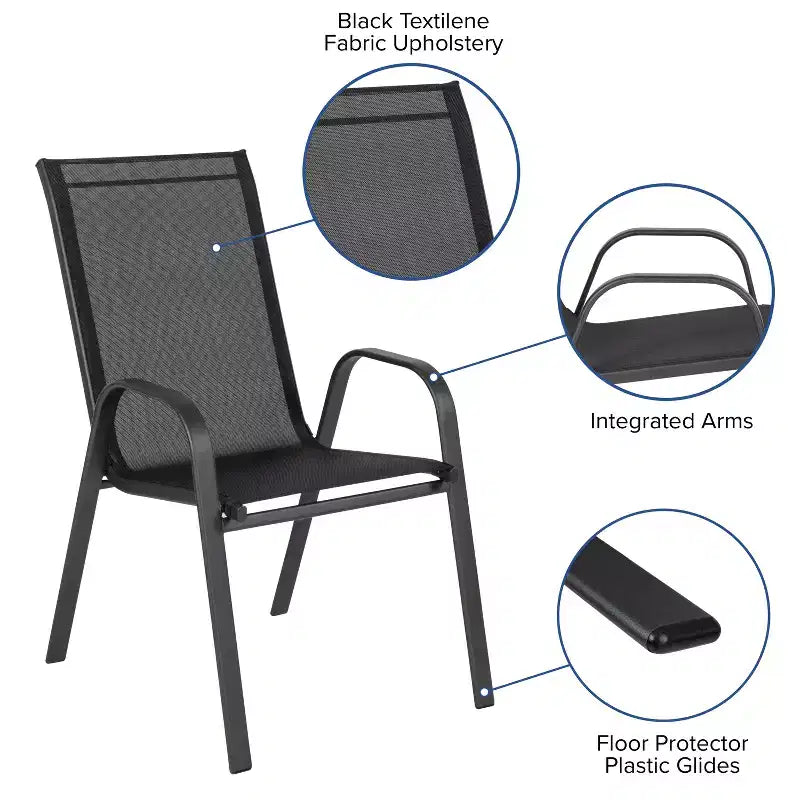 Emma et Oliver Ensemble de salle à manger de jardin cinq pièces avec table ronde en métal avec plateau en verre trempé et 4 chaises empilables Flex Comfort