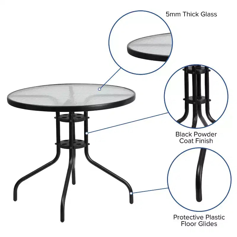 Emma et Oliver Ensemble de salle à manger de jardin cinq pièces avec table ronde en métal avec plateau en verre trempé et 4 chaises empilables Flex Comfort