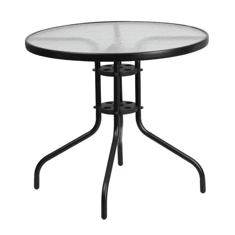 Emma et Oliver Ensemble de salle à manger de jardin cinq pièces avec table ronde en métal avec plateau en verre trempé et 4 chaises empilables Flex Comfort