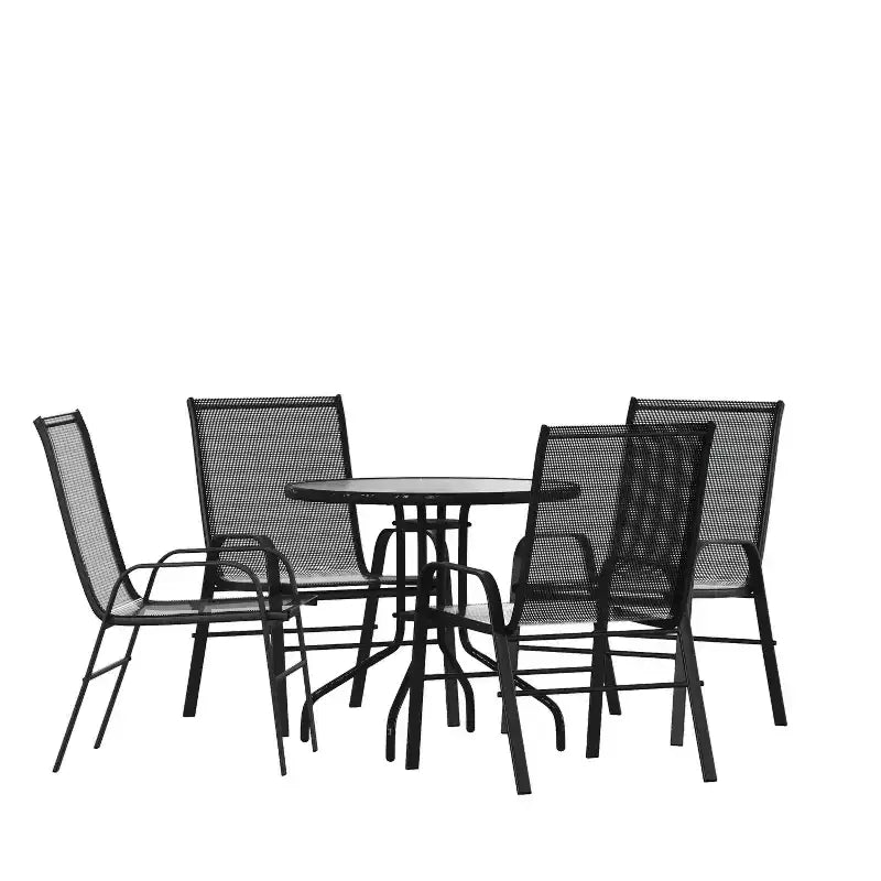 Emma et Oliver Ensemble de salle à manger de jardin cinq pièces avec table ronde en métal avec plateau en verre trempé et 4 chaises empilables Flex Comfort