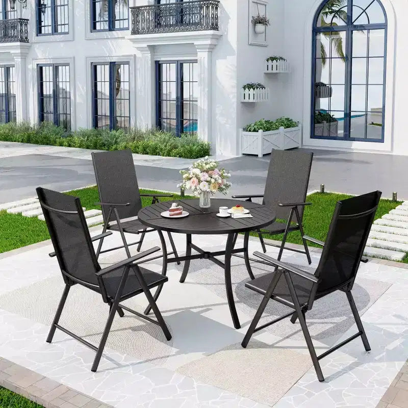 Captiva Designs 5pc Outdoor Dining Set with 7-Position Adjustable Folding Chairs & Round Metal Table with Umbrella Hole