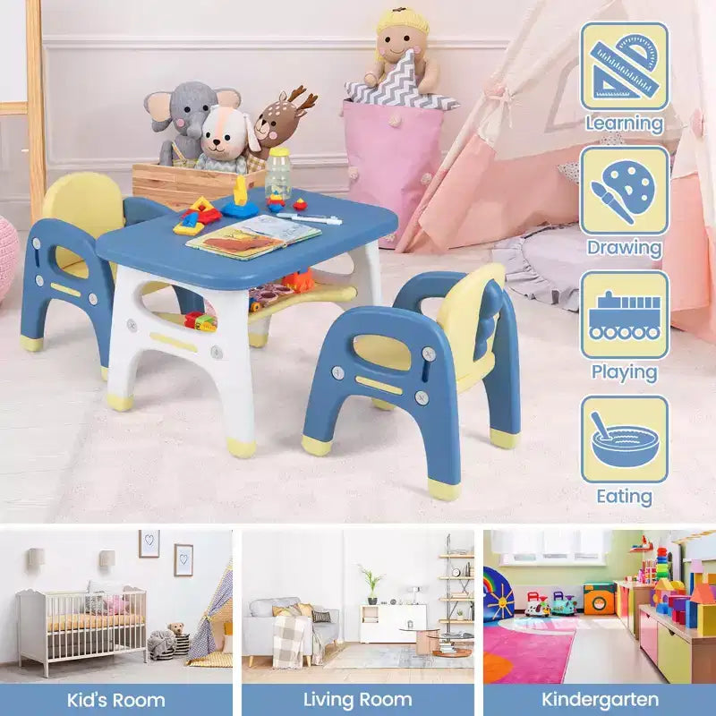 Table et 2 chaises pour enfants Costway, bureau d'activités artistiques avec étagère de rangement et blocs de construction