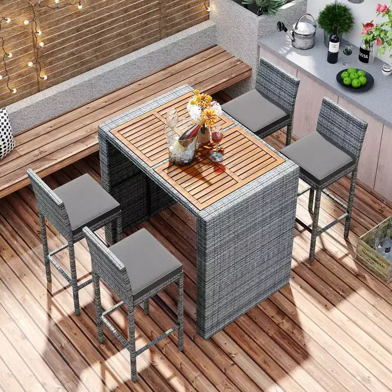 Ensemble de bar extérieur 5 pièces en bois d'acacia et osier avec tabourets et coussins amovibles, gris - ModernLuxe