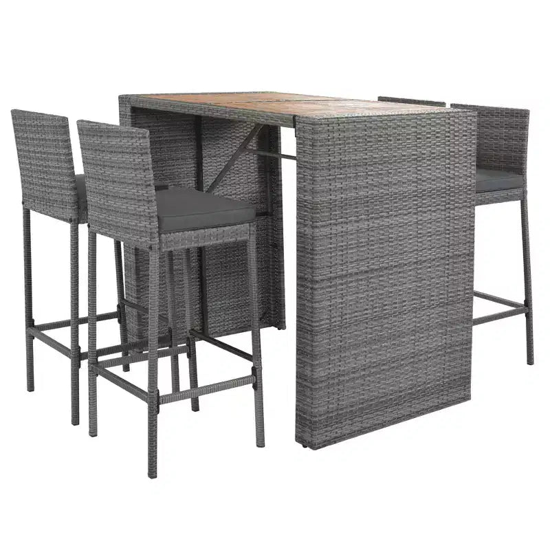 Ensemble de bar extérieur 5 pièces en bois d'acacia et osier avec tabourets et coussins amovibles, gris - ModernLuxe