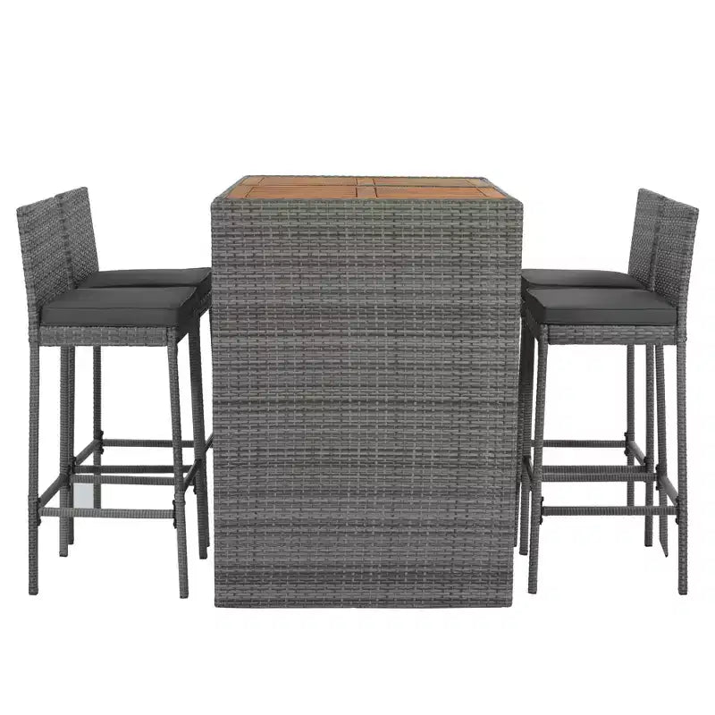 Ensemble de bar extérieur 5 pièces en bois d'acacia et osier avec tabourets et coussins amovibles, gris - ModernLuxe