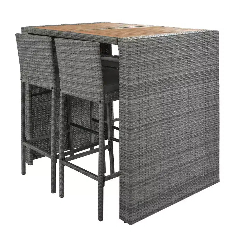 Ensemble de bar extérieur 5 pièces en bois d'acacia et osier avec tabourets et coussins amovibles, gris - ModernLuxe