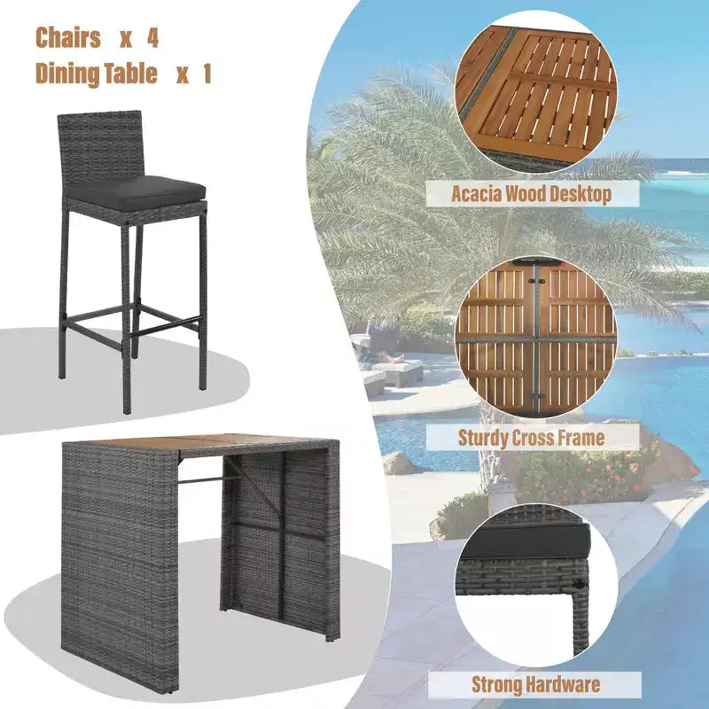 Ensemble de bar extérieur 5 pièces en bois d'acacia et osier avec tabourets et coussins amovibles, gris - ModernLuxe