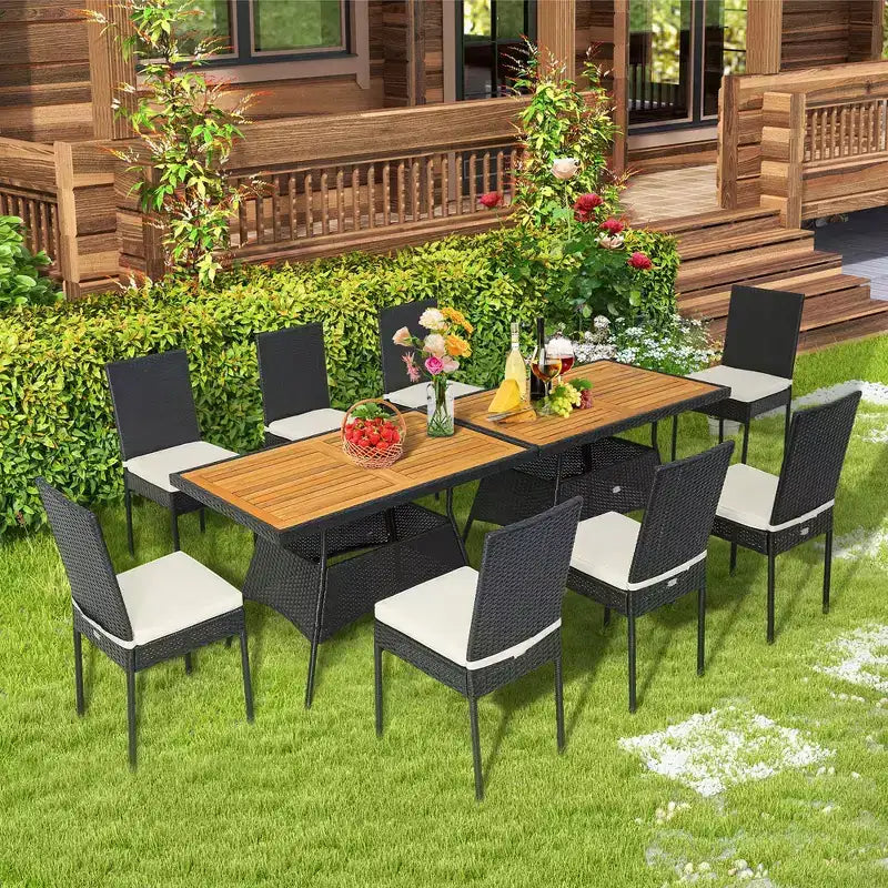 Costway 10 PCS Patio Rattan Dining Set Rectangular Wood Top Tables Cushioned Chair Garden