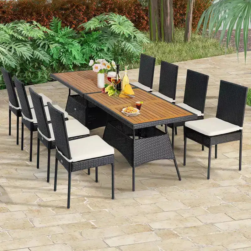 Costway Ensemble de salle à manger 10 pièces en rotin pour patio, tables rectangulaires en bois, chaises rembourrées, jardin