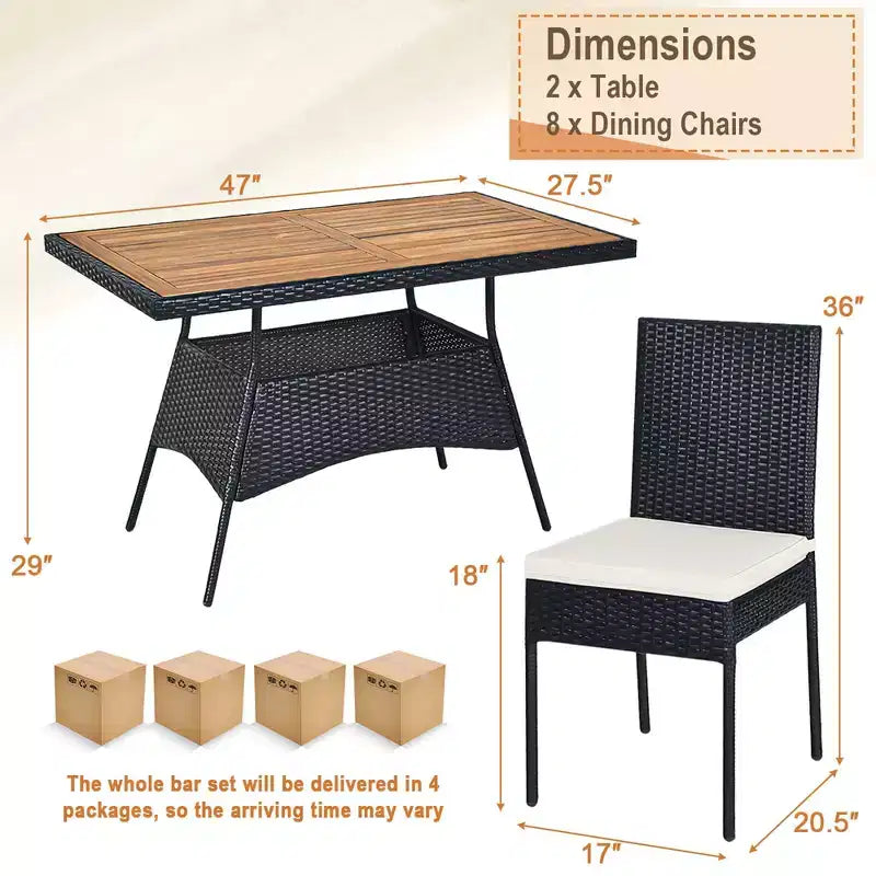Costway Ensemble de salle à manger 10 pièces en rotin pour patio, tables rectangulaires en bois, chaises rembourrées, jardin