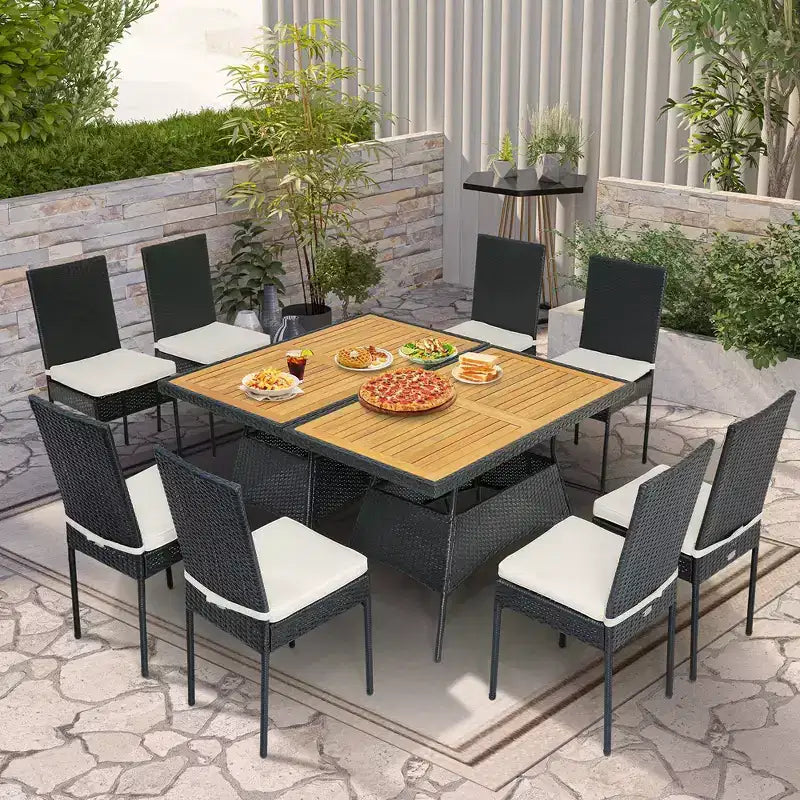 Costway Ensemble de salle à manger 10 pièces en rotin pour patio, tables rectangulaires en bois, chaises rembourrées, jardin