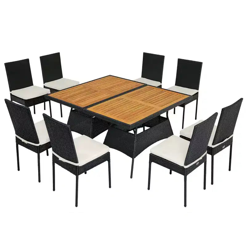 Costway Ensemble de salle à manger 10 pièces en rotin pour patio, tables rectangulaires en bois, chaises rembourrées, jardin