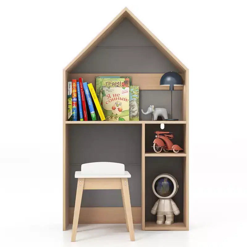 Costway Ensemble table et chaises pour enfants en forme de maison avec meuble de rangement en bois et tableau noir Gris/Blanc