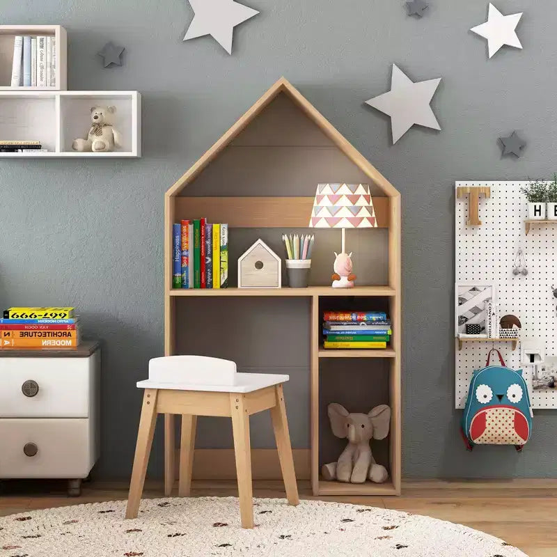 Costway Ensemble table et chaises pour enfants en forme de maison avec meuble de rangement en bois et tableau noir Gris/Blanc