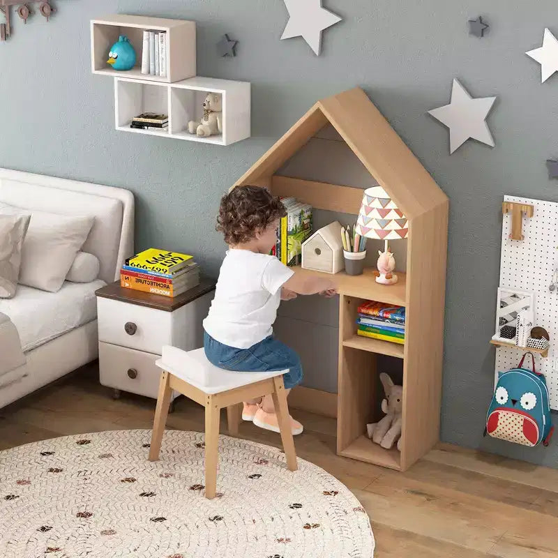 Costway Ensemble table et chaises pour enfants en forme de maison avec meuble de rangement en bois et tableau noir Gris/Blanc
