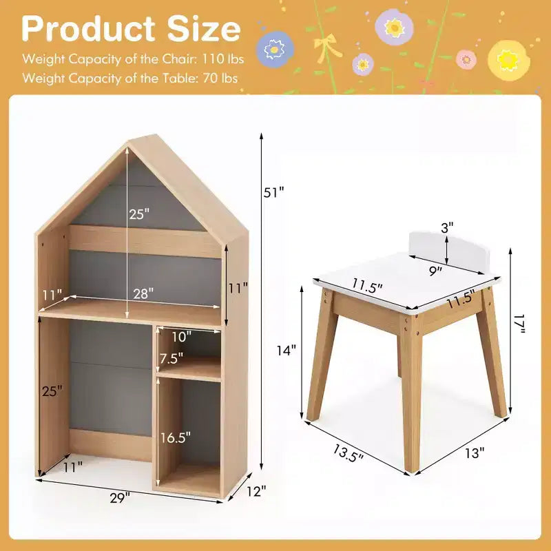 Costway Ensemble table et chaises pour enfants en forme de maison avec meuble de rangement en bois et tableau noir Gris/Blanc