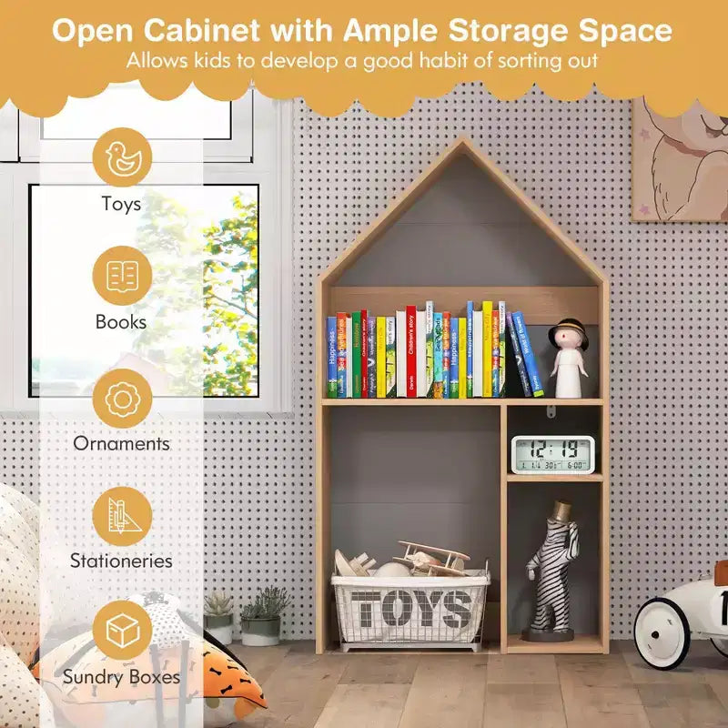 Costway Ensemble table et chaises pour enfants en forme de maison avec meuble de rangement en bois et tableau noir Gris/Blanc