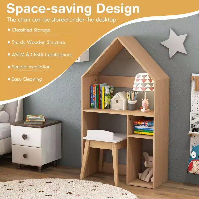 Costway Ensemble table et chaises pour enfants en forme de maison avec meuble de rangement en bois et tableau noir Gris/Blanc
