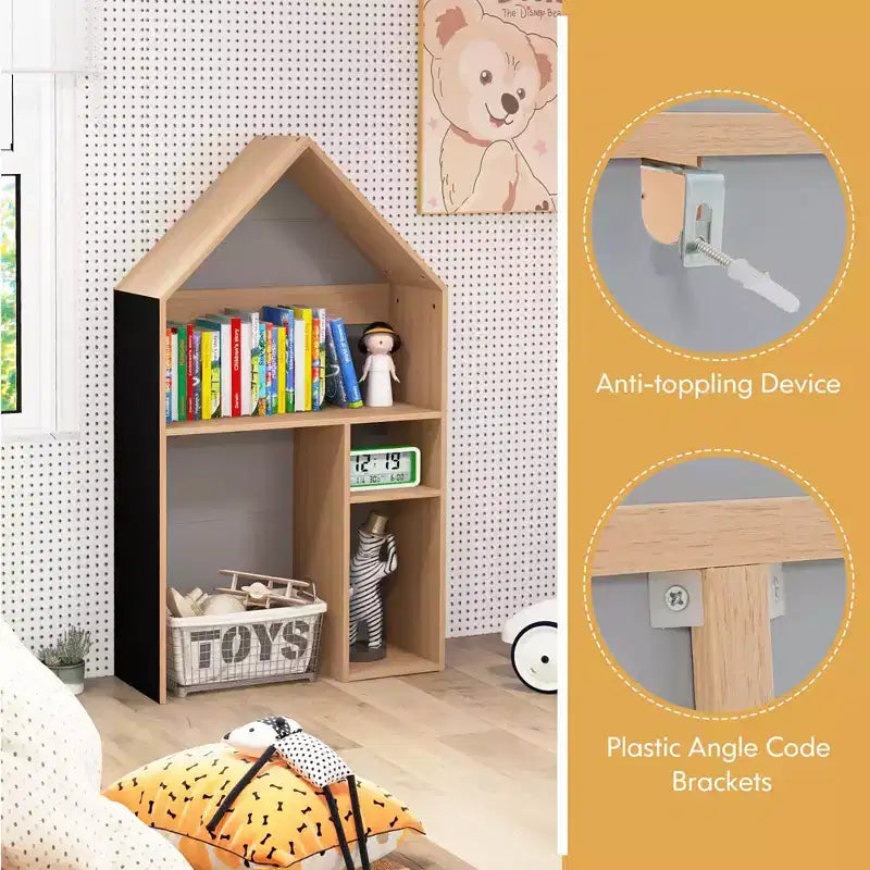 Costway Ensemble table et chaises pour enfants en forme de maison avec meuble de rangement en bois et tableau noir Gris/Blanc