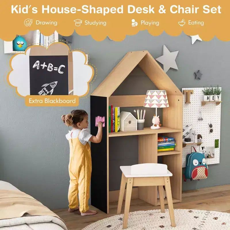 Costway Ensemble table et chaises pour enfants en forme de maison avec meuble de rangement en bois et tableau noir Gris/Blanc
