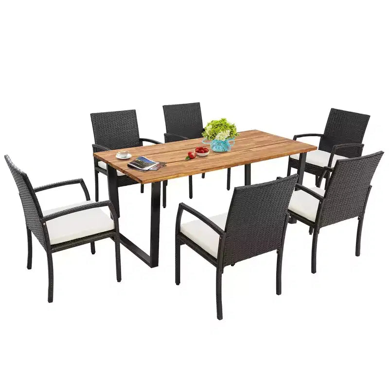 Ensemble de salle à manger Costway 7 pièces en rotin pour patio, table en bois d'acacia, 6 chaises en osier avec trou pour parasol