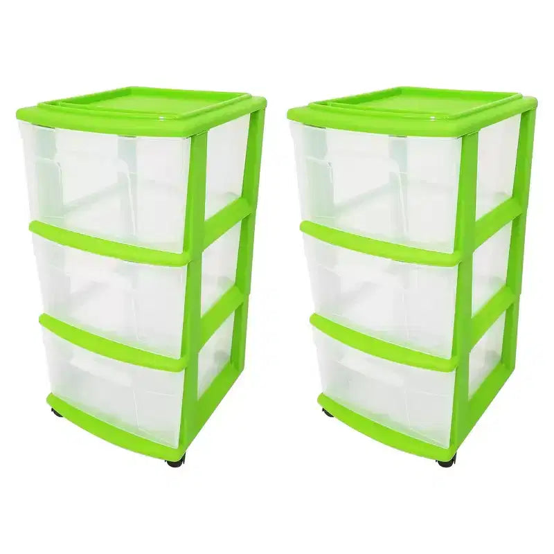 Tour de rangement moyenne à 3 tiroirs, tiroirs transparents/cadre vert lime