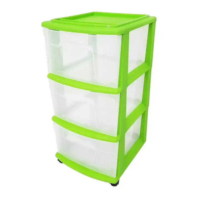 Tour de rangement moyenne à 3 tiroirs, tiroirs transparents/cadre vert lime