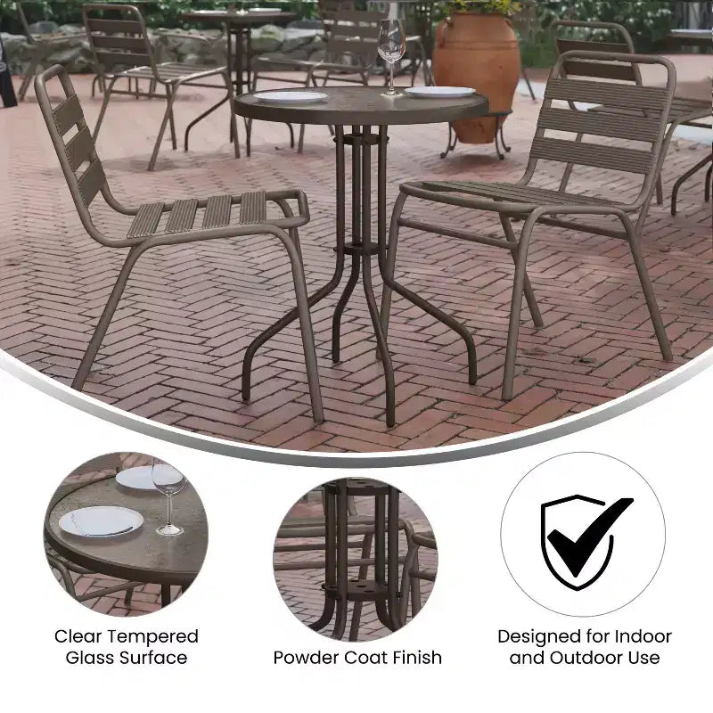 Emma et Oliver Table ronde en verre de 23,75 po avec 2 chaises empilables à lattes en aluminium